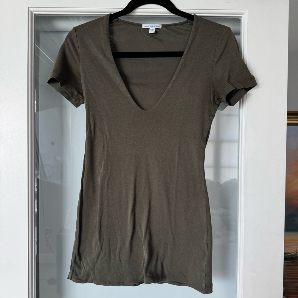 James Perse Deep V-Neck Olive Top